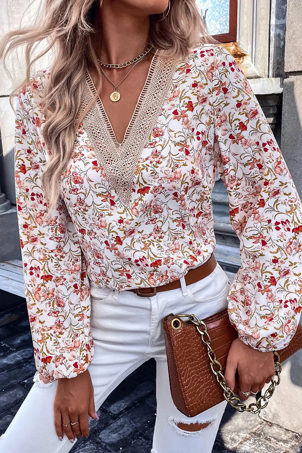 White floral long sleeve lace v-neck blouse - tops