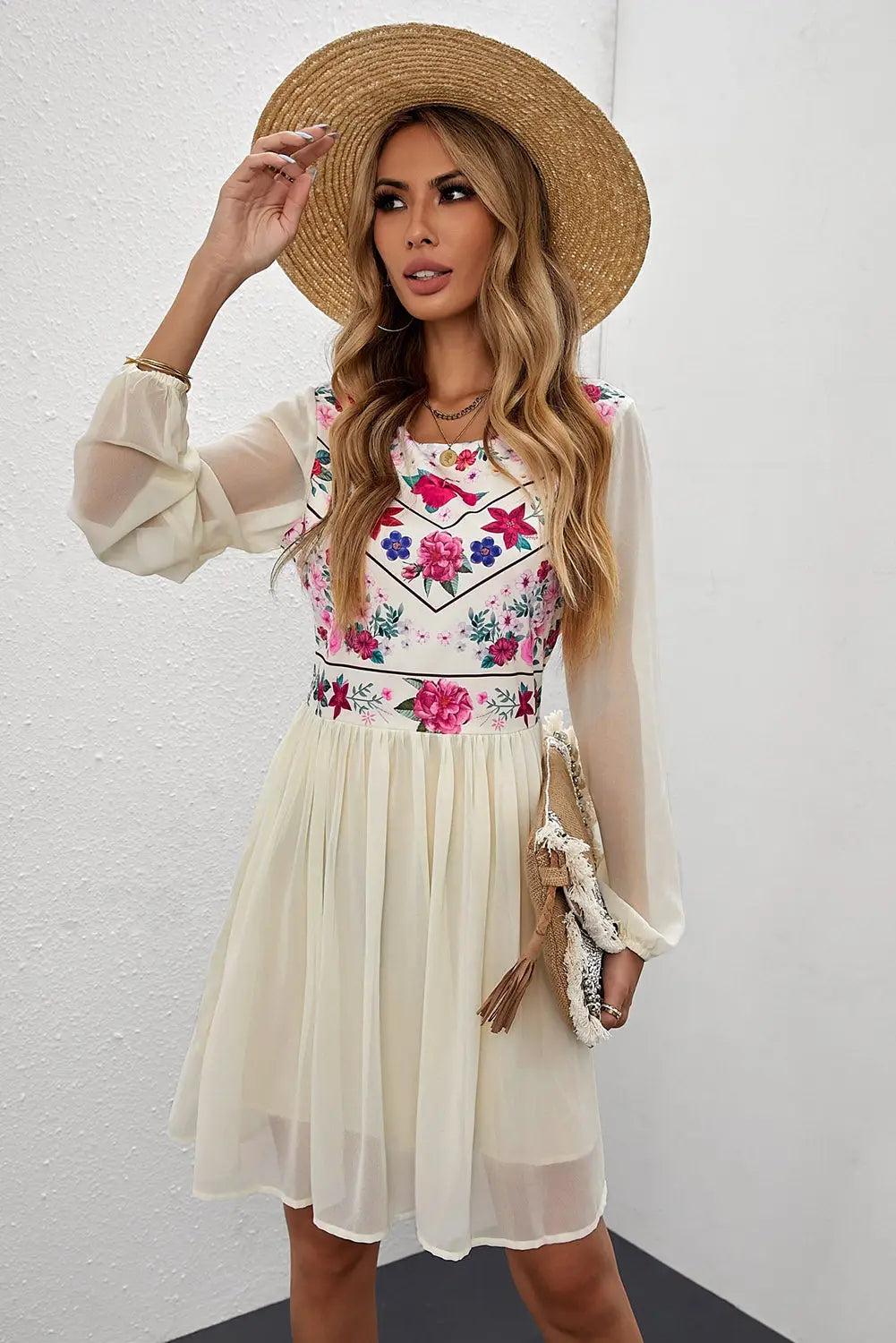 White floral mesh splicing lined flowy dress - mini dresses