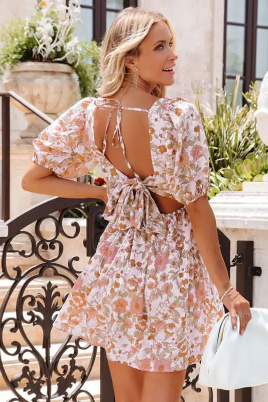 White floral print bow knot backless square neck mini dress - dresses