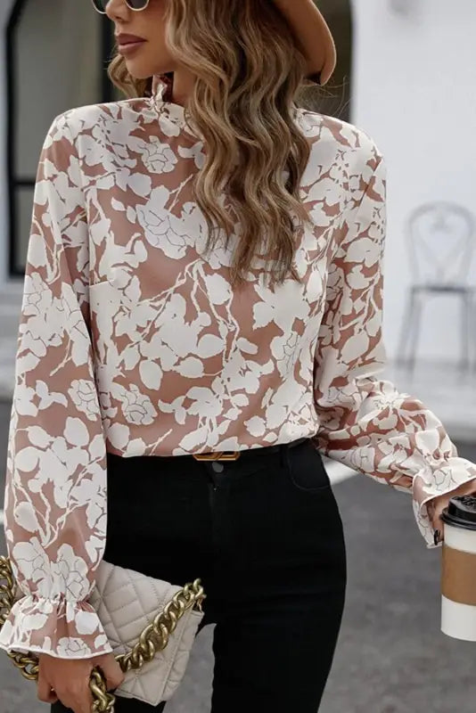 White floral print frilled neckline flounce sleeve blouse - tops