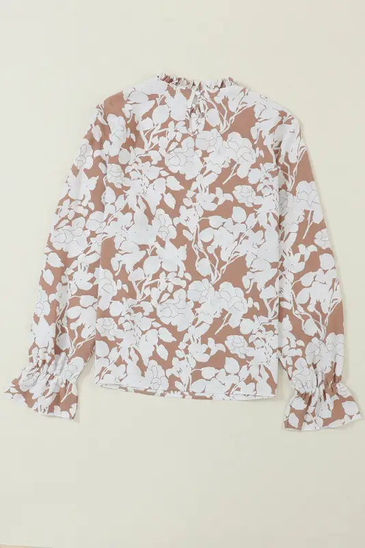 White floral print frilled neckline flounce sleeve blouse - tops