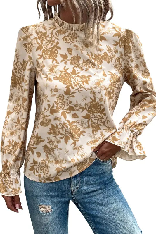 White floral print frilled neckline flounce sleeve blouse - tops