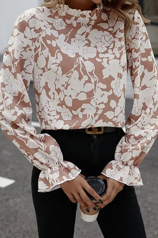 White floral print frilled neckline flounce sleeve blouse - tops