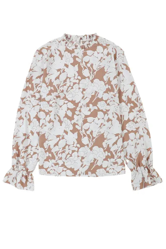 White floral print frilled neckline flounce sleeve blouse - tops