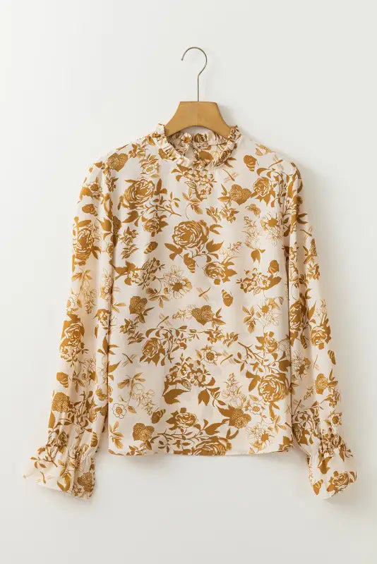 White floral print frilled neckline flounce sleeve blouse - tops