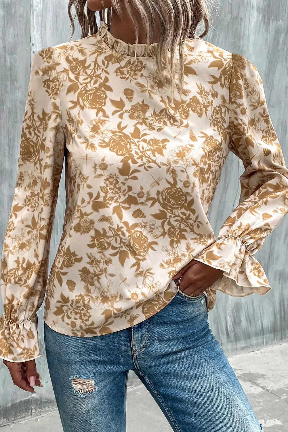 White floral print frilled neckline flounce sleeve blouse - l / 100% polyester - blouses & shirts