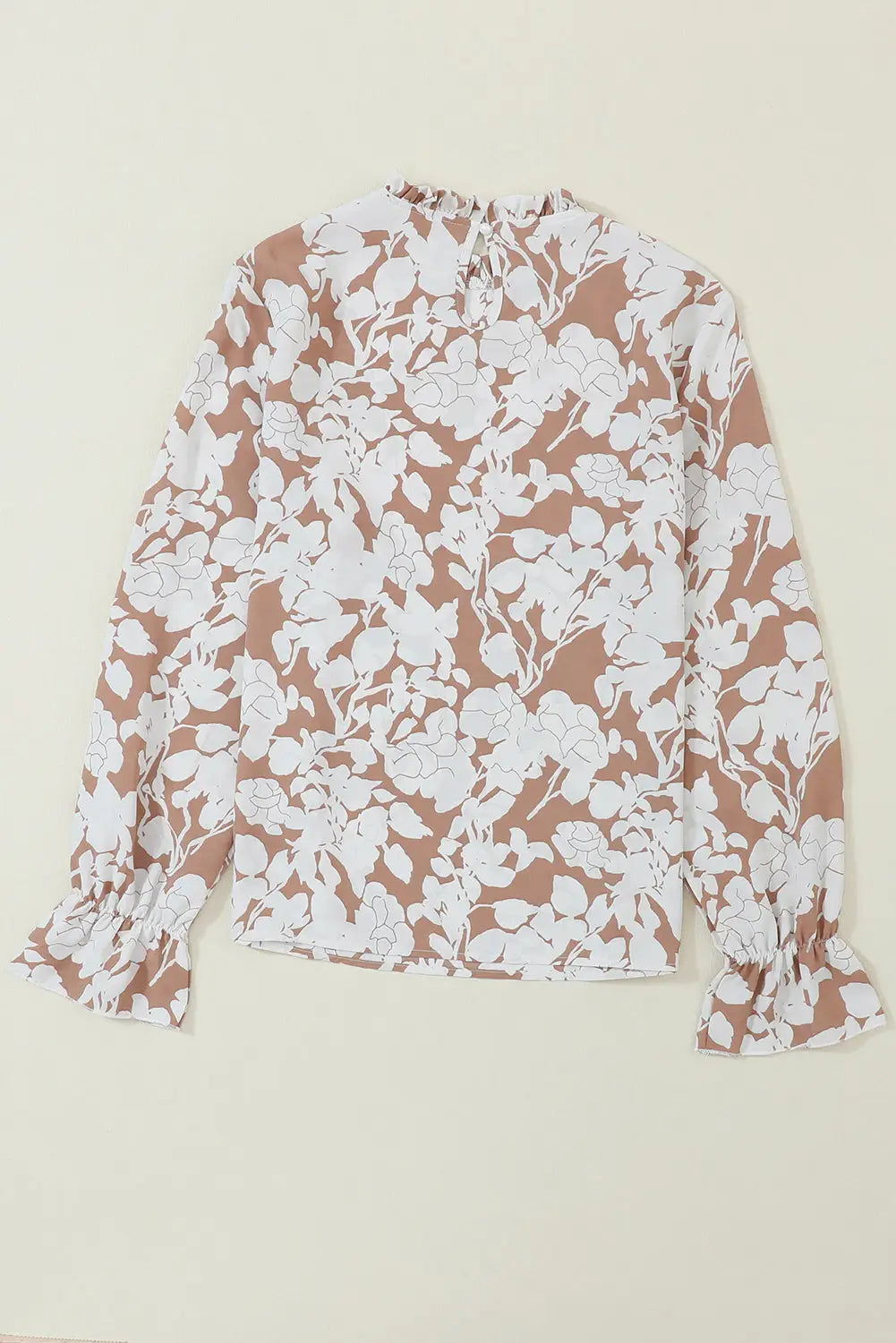 White floral print frilled neckline flounce sleeve blouse - tops