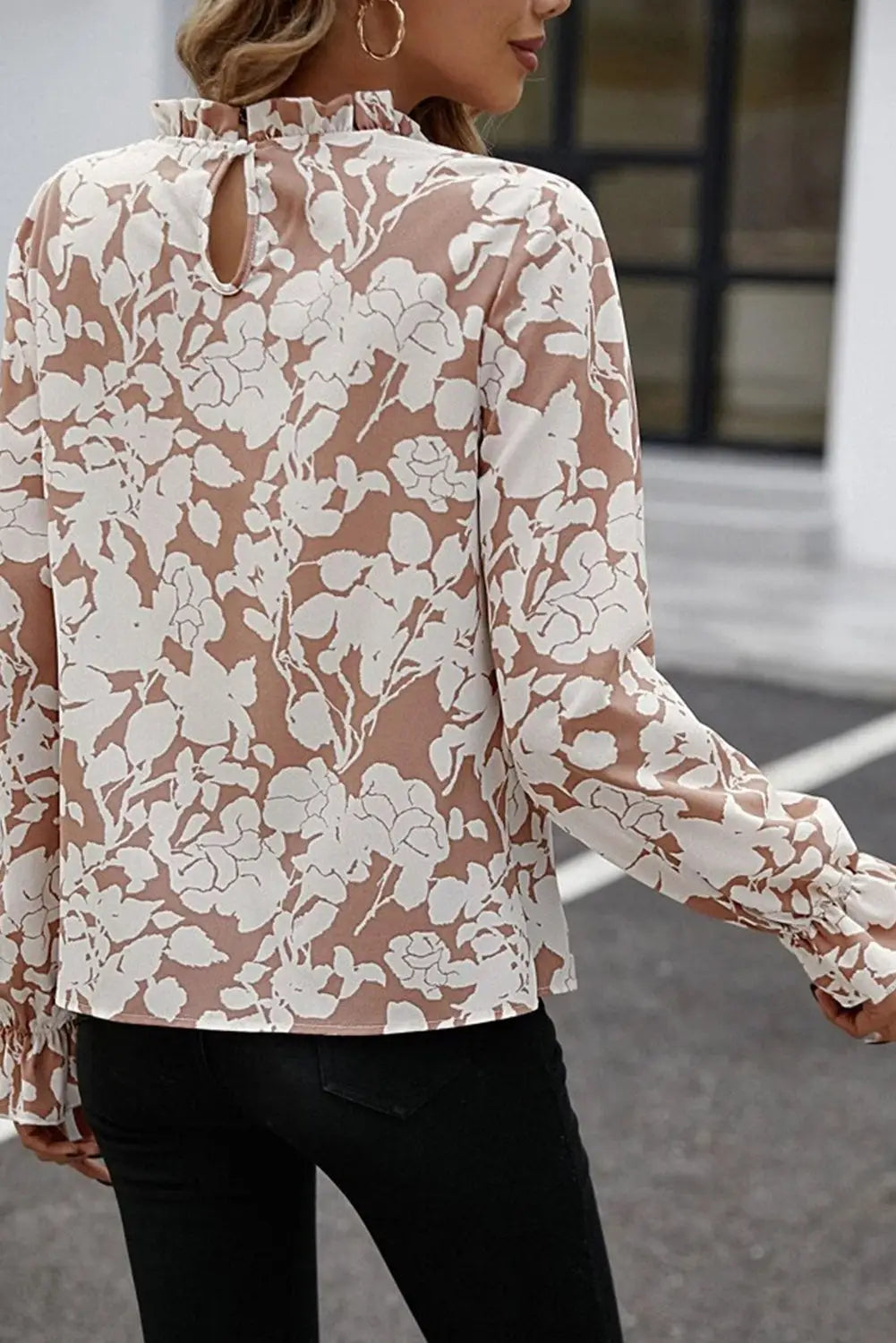 White floral print frilled neckline flounce sleeve blouse - tops