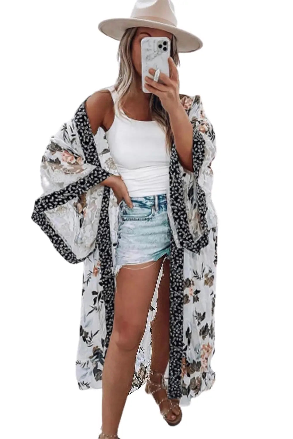 White floral print lace patchwork batwing sleeve duster