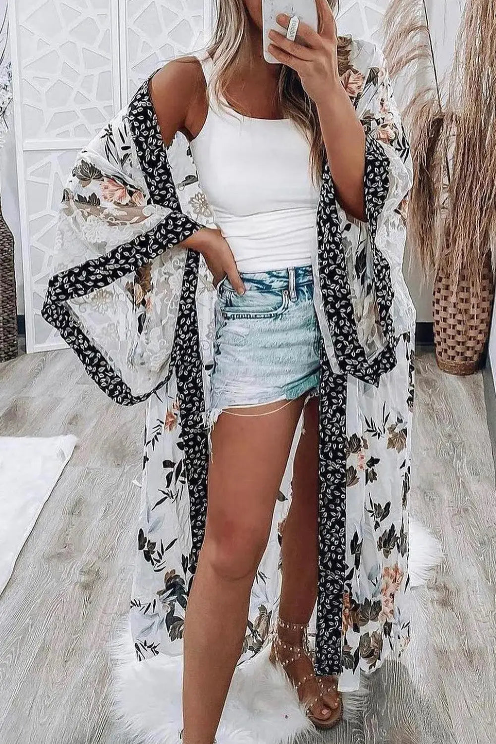 White floral print lace patchwork batwing sleeve duster