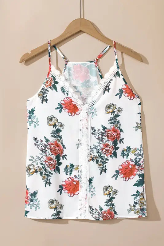 White floral print lace v neck tank top - tops/tank tops