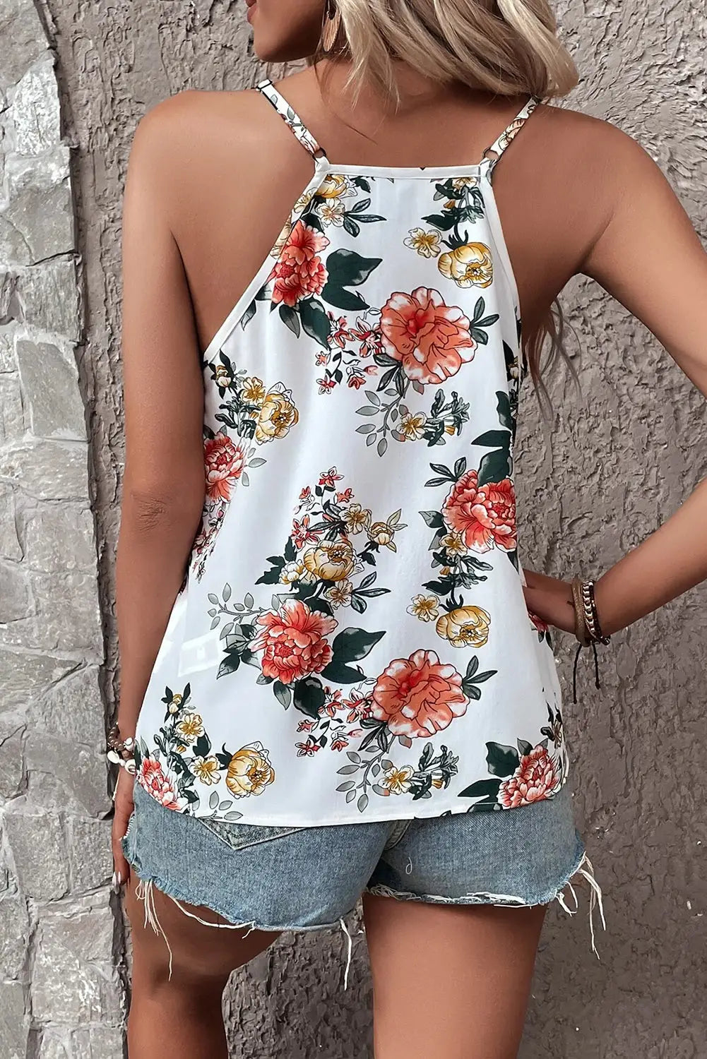 White floral print lace v neck tank top - tops
