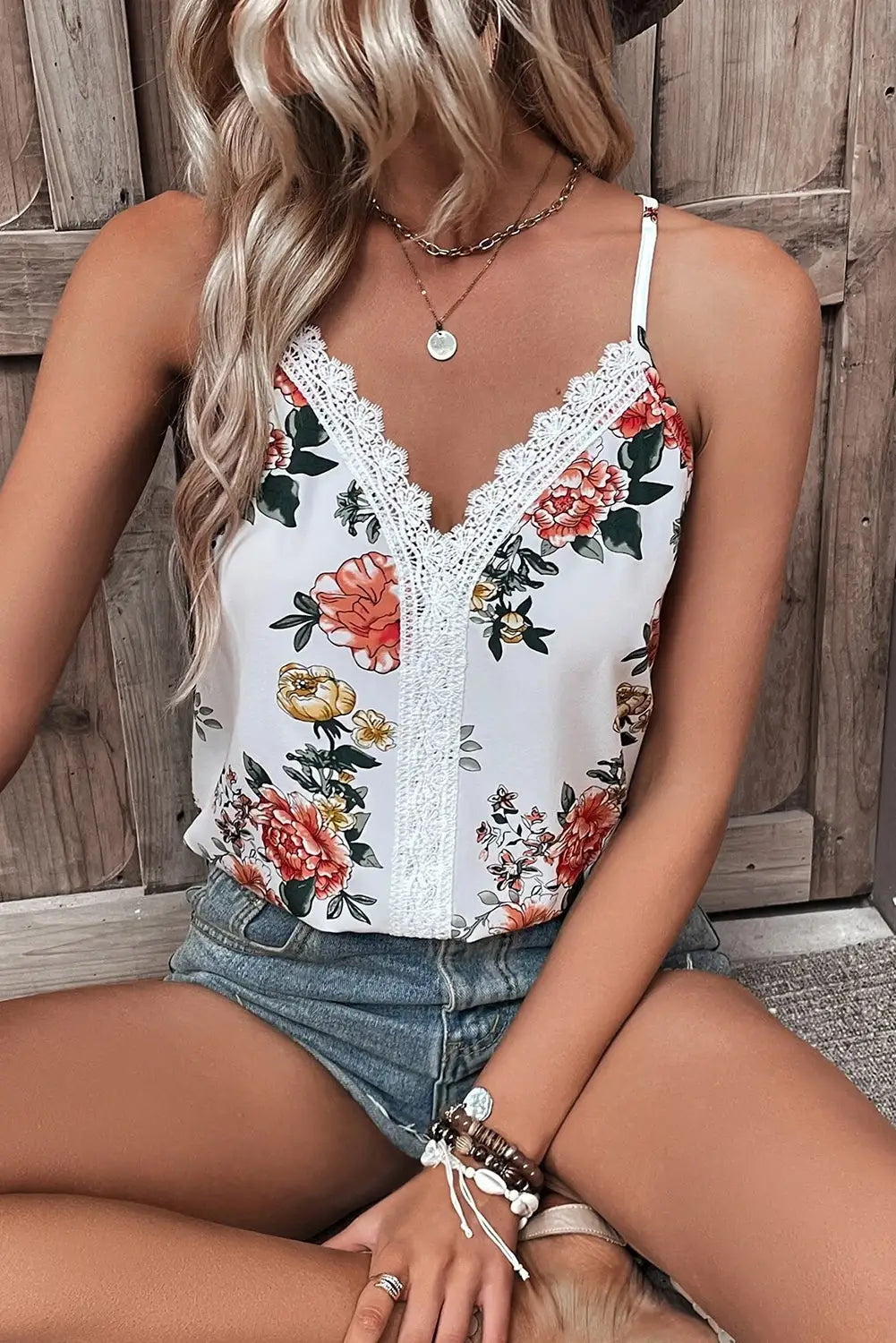 White floral print lace v neck tank top - tops