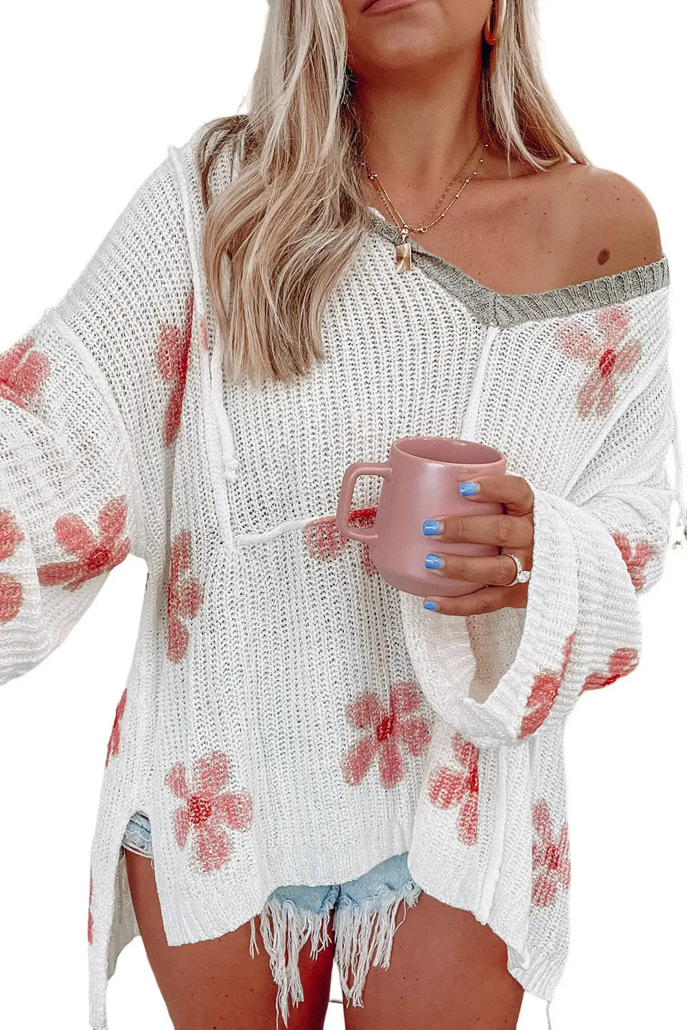 White floral print lightweight knit hooded sweater - & cardigans