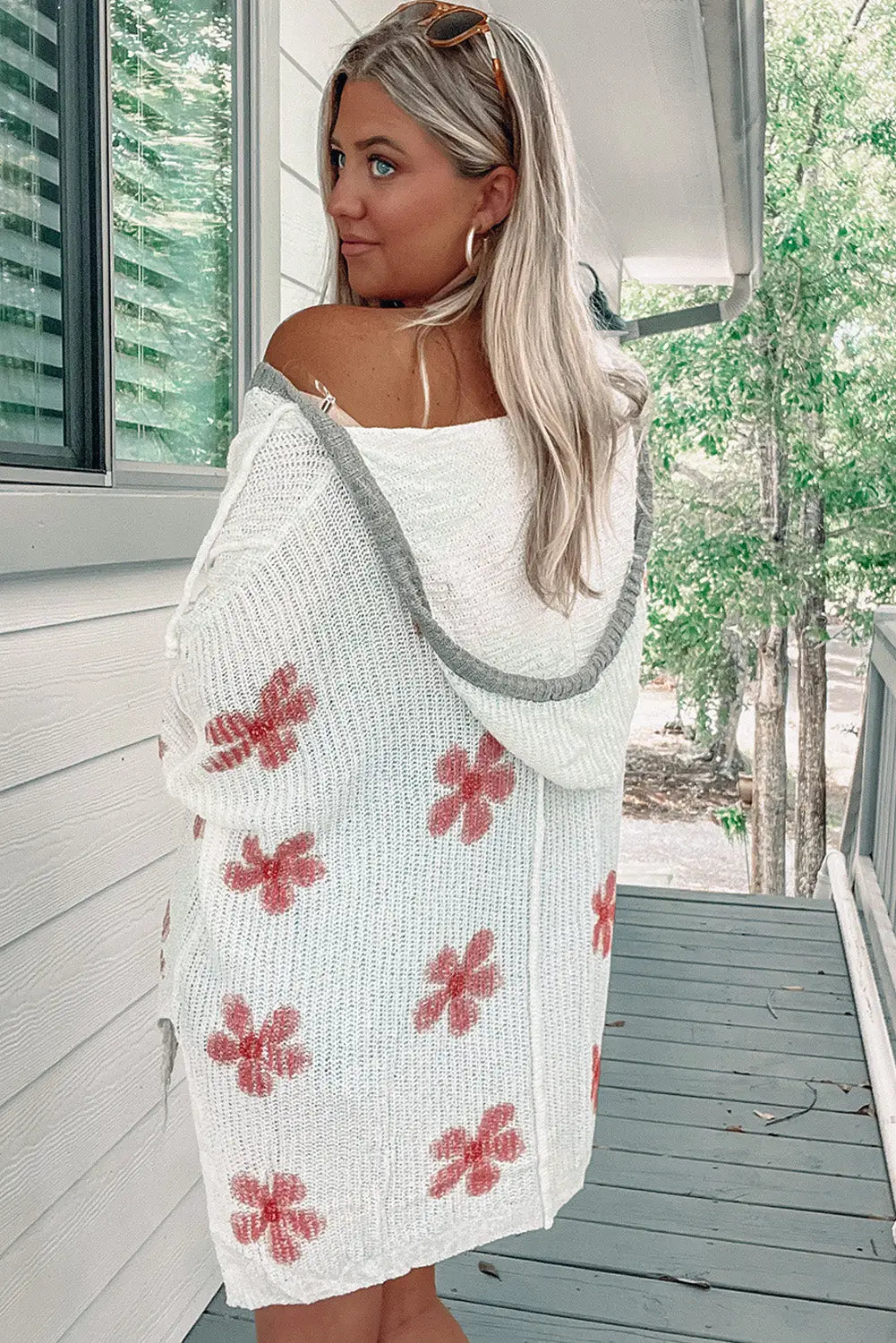 White floral print lightweight knit hooded sweater - & cardigans