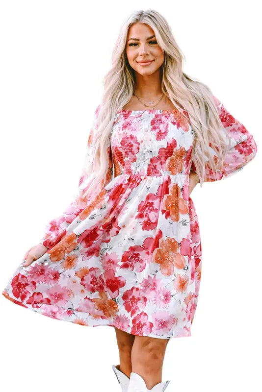 White floral print smocked puff sleeve mini dress - dresses