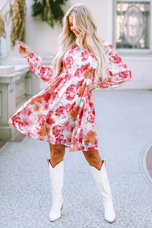 White floral print smocked puff sleeve mini dress - dresses