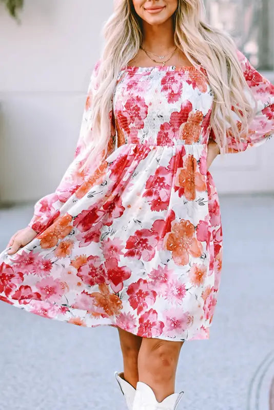 White floral print smocked puff sleeve mini dress - dresses