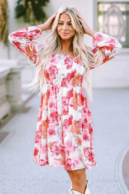 White floral print smocked puff sleeve mini dress - dresses