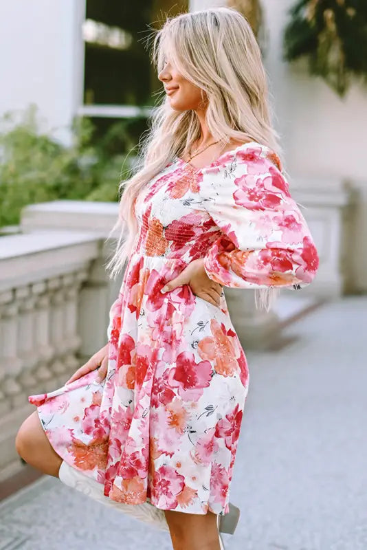 White floral print smocked puff sleeve mini dress - dresses