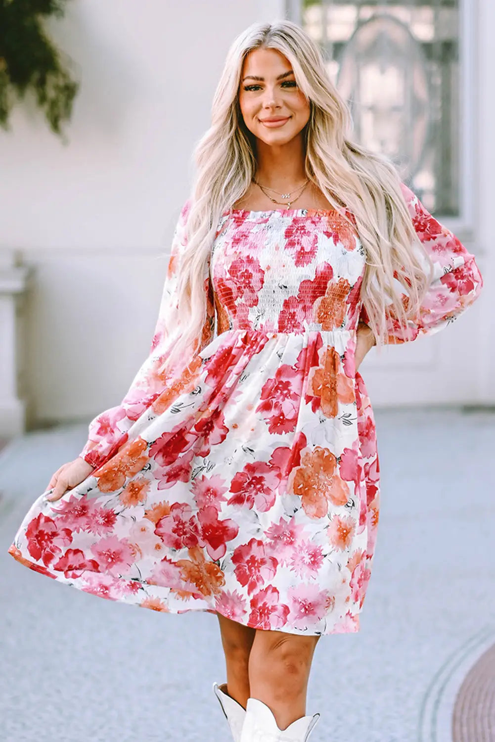 White floral print smocked puff sleeve mini dress - s / 100% polyester - dresses
