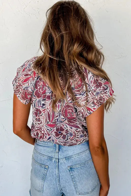 White floral ruffled short sleeve v neck blouse - tops