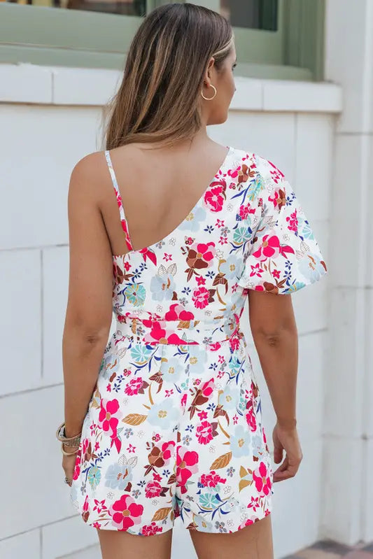 White floral slant shoulder romper - rompers