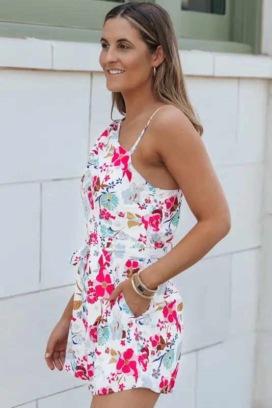 White floral slant shoulder romper - rompers