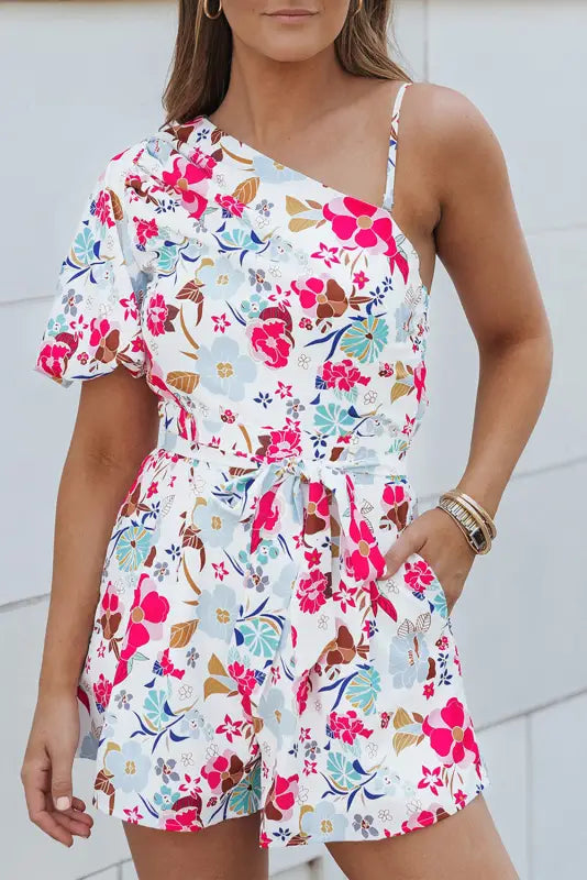 White floral slant shoulder romper - rompers