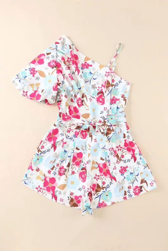 White floral slant shoulder romper - rompers