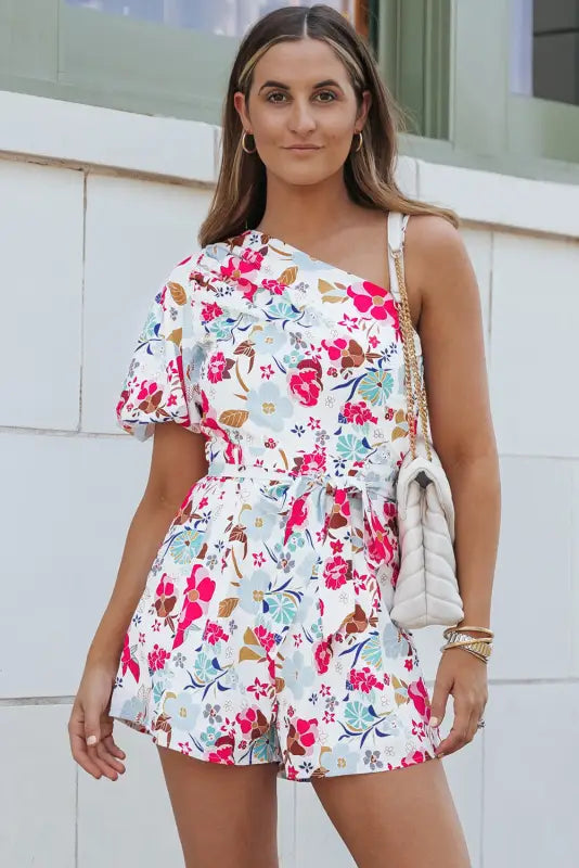 White floral slant shoulder romper - rompers