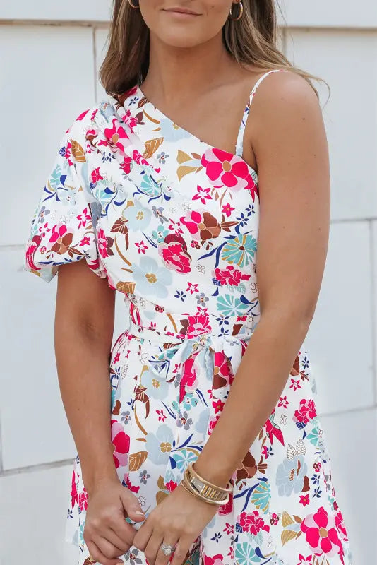 White floral slant shoulder romper - rompers