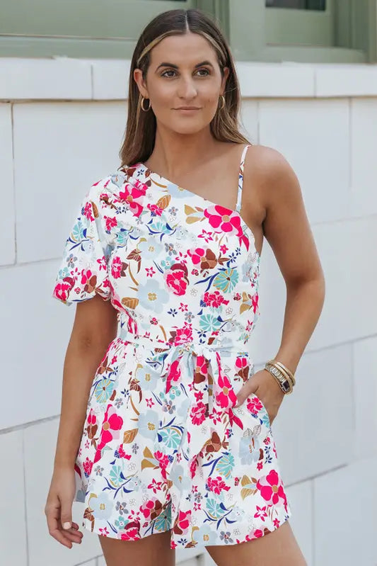 White floral slant shoulder romper - s / 100% polyester - rompers