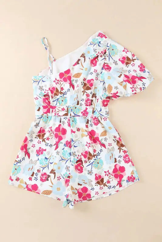 White floral slant shoulder romper - rompers