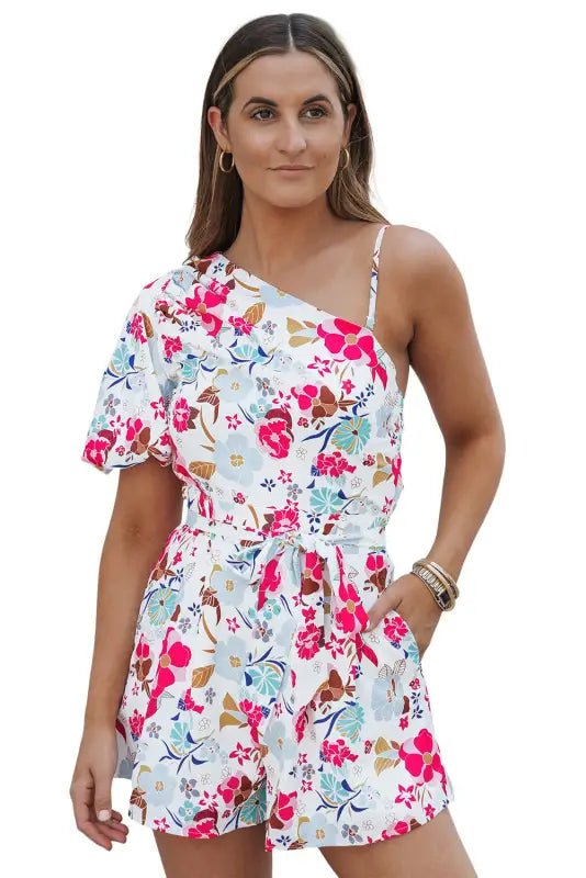 White floral slant shoulder romper - rompers