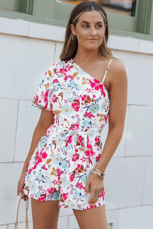 White floral slant shoulder romper - rompers