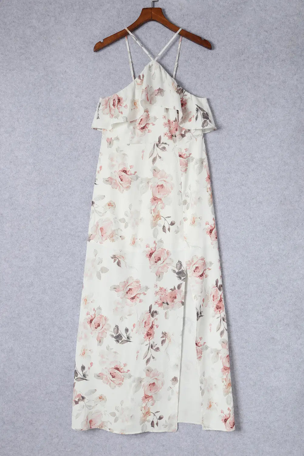 White floral slit ruffled halterneck maxi dress - dresses