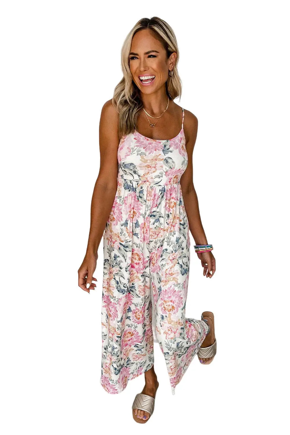 White floral spaghetti straps wide leg jumpsuit - jumpsuits & rompers