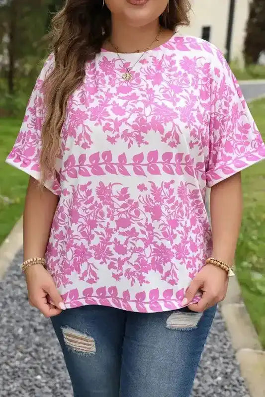 White Floral T-Shirt - Curved Hem Plus Size - Fashionfitz