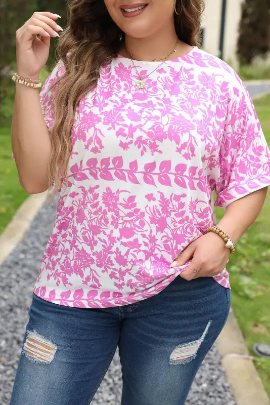 White floral t-shirt - curved hem plus size - size/plus tops/plus tops & tees