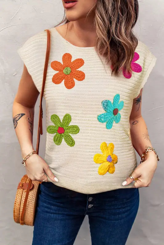 White flower crochet knitted top - s / 60% cotton + 40% acrylic - tops/tops & tees