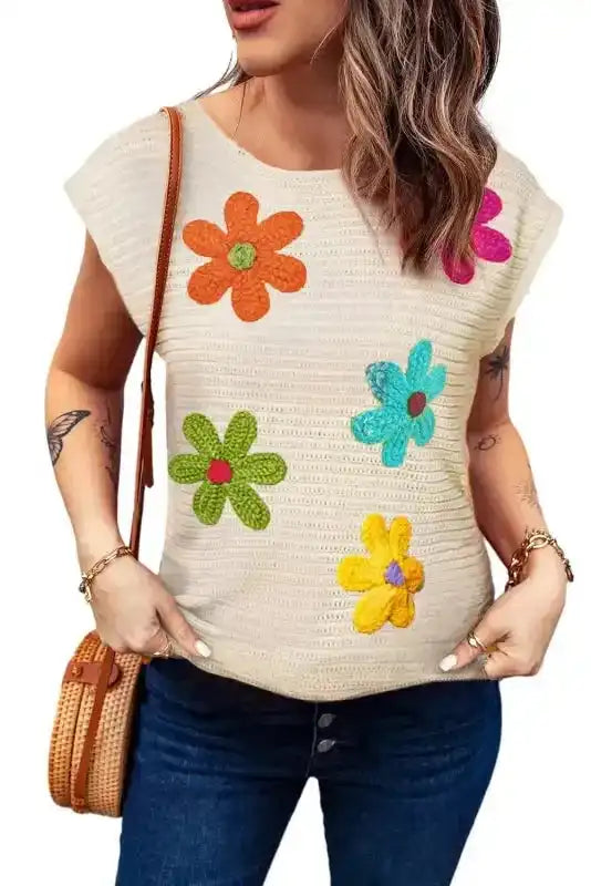 White Flower Crochet Knitted Top - Fashionfitz