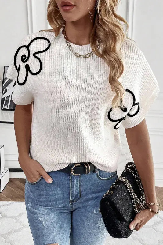 White flower embroidery sweater tee - sweaters & cardigans