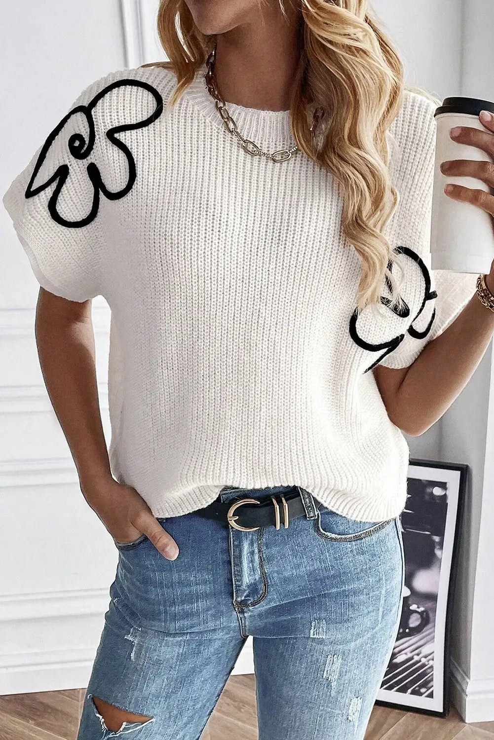 White flower embroidery sweater tee - l / 100% acrylic - sweaters & cardigans