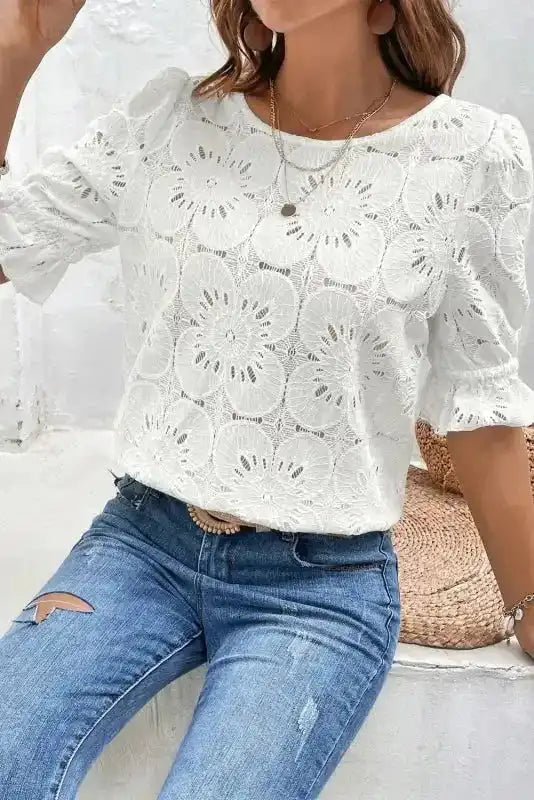 White Flower Eyelet Jacquard Top - Fashionfitz
