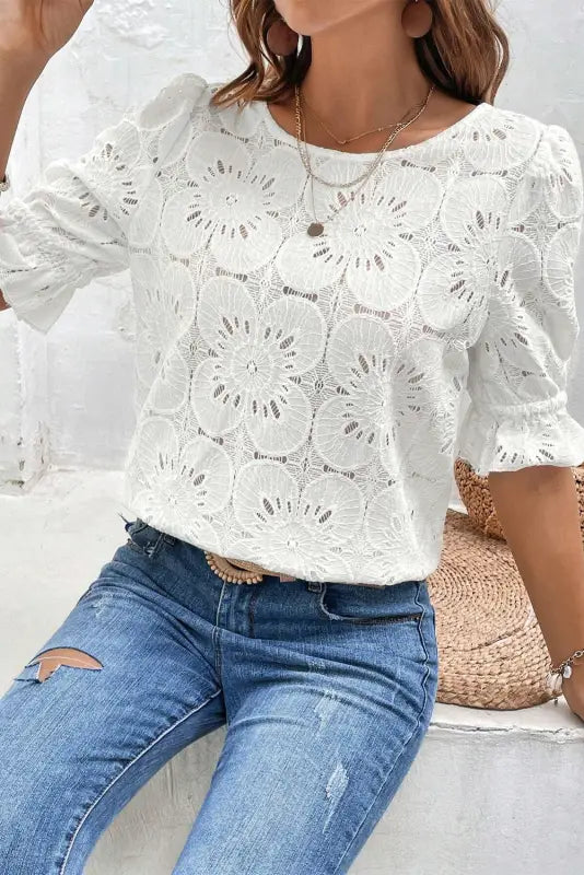 White flower eyelet jacquard top - tops/blouses & shirts