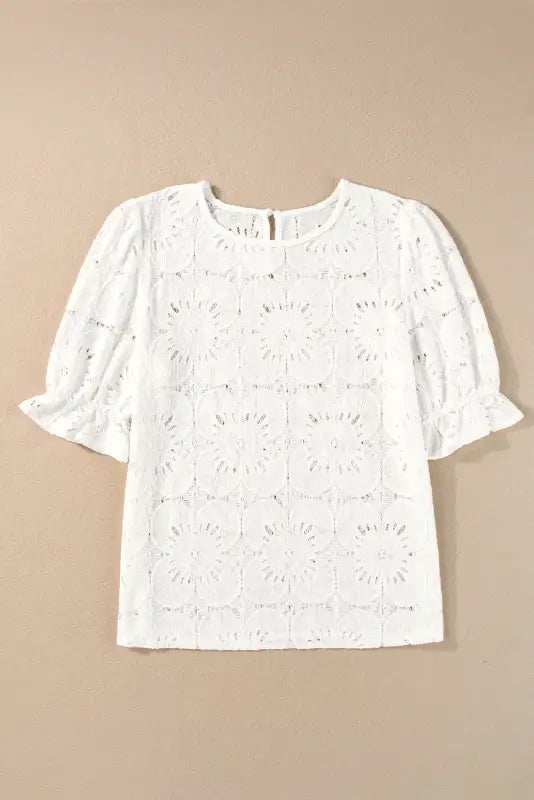 White flower eyelet jacquard top - tops/blouses & shirts