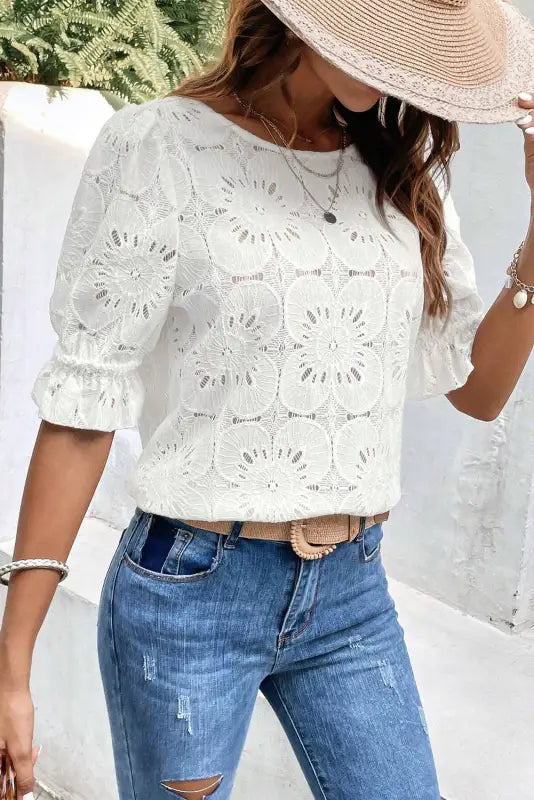 White flower eyelet jacquard top - tops/blouses & shirts