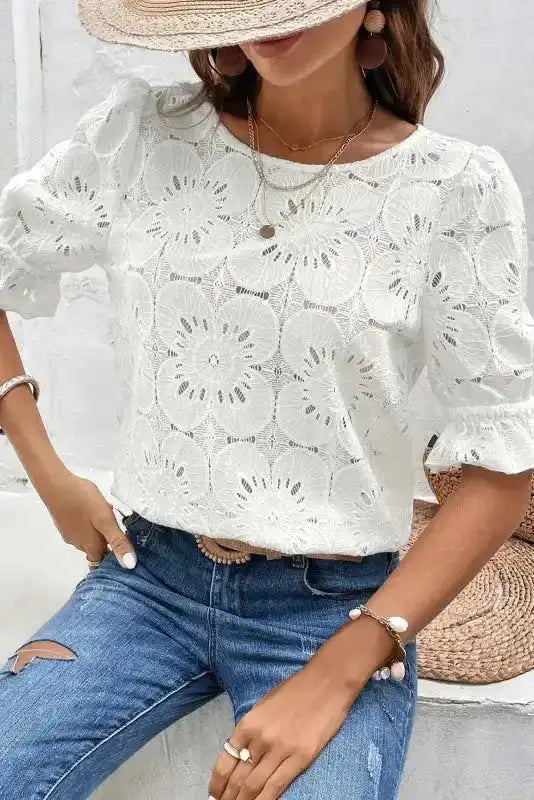 White Flower Eyelet Jacquard Top - Fashionfitz