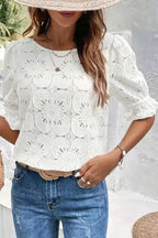 White Flower Eyelet Jacquard Top - Fashionfitz